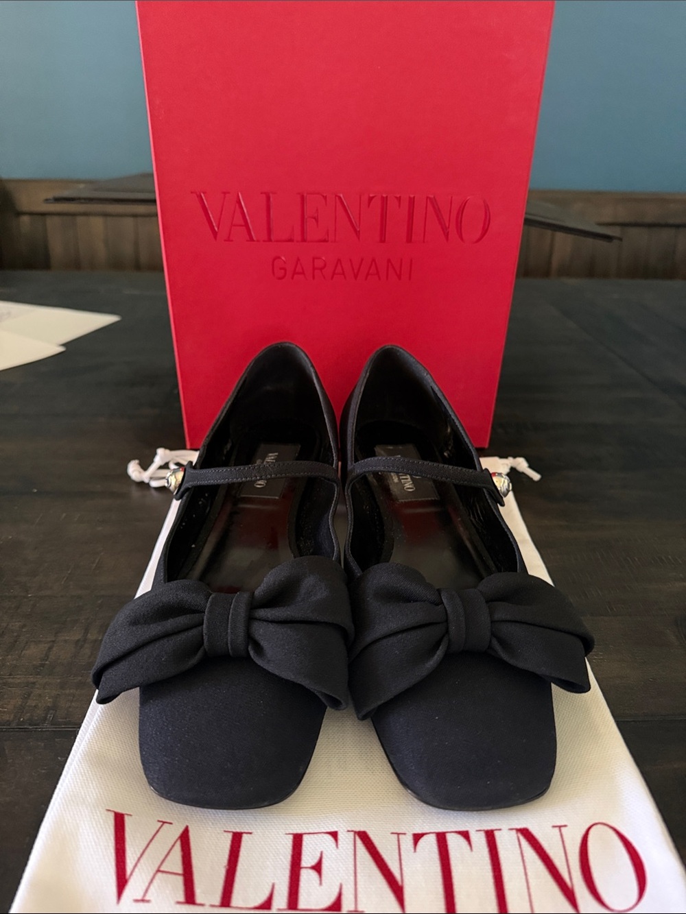 Valentino Garavani Black Bow Mary Jane Flats with Strap